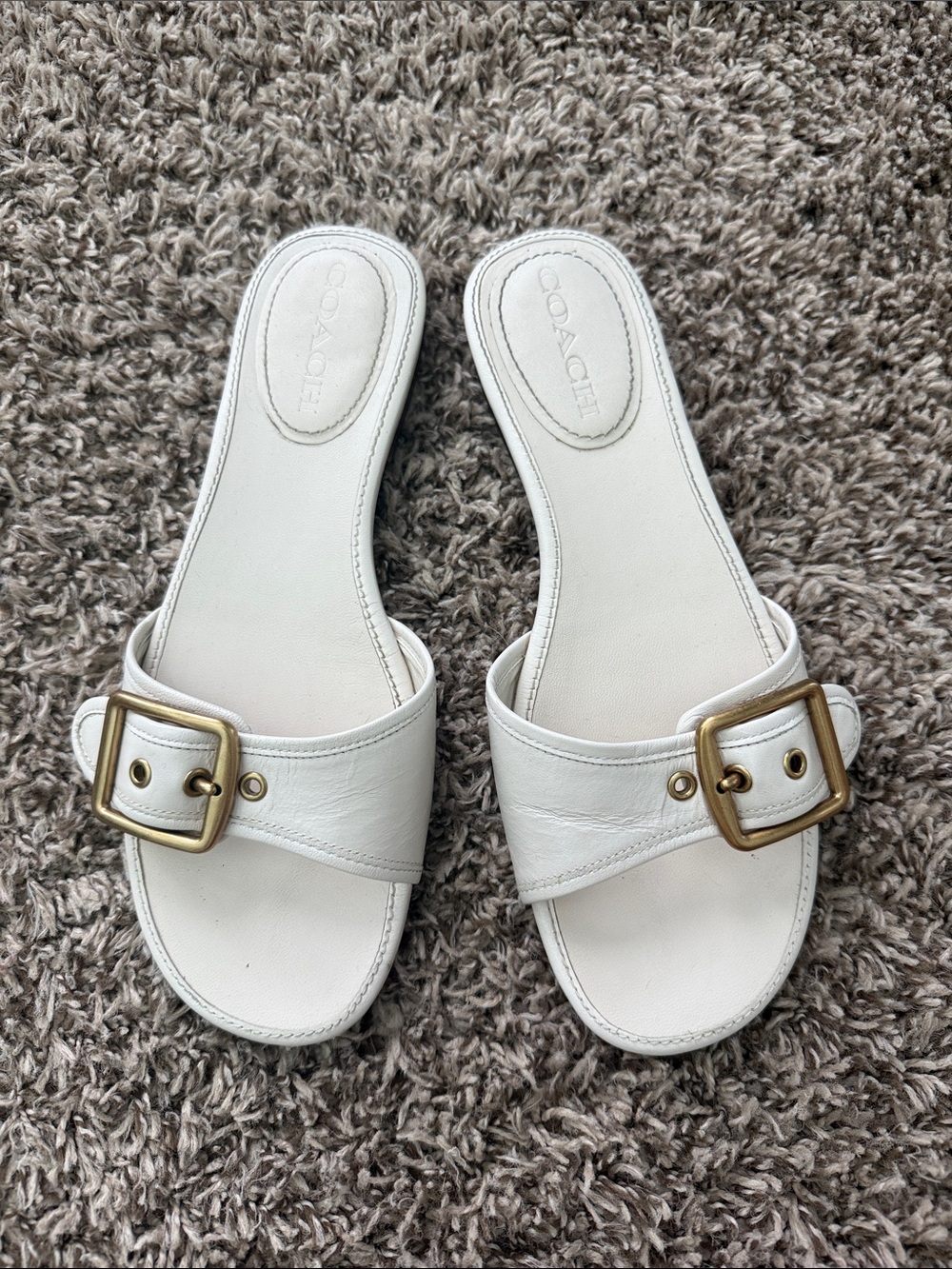 Coach White Leather Buckle Slide Mules with Gold-Tone Hardware